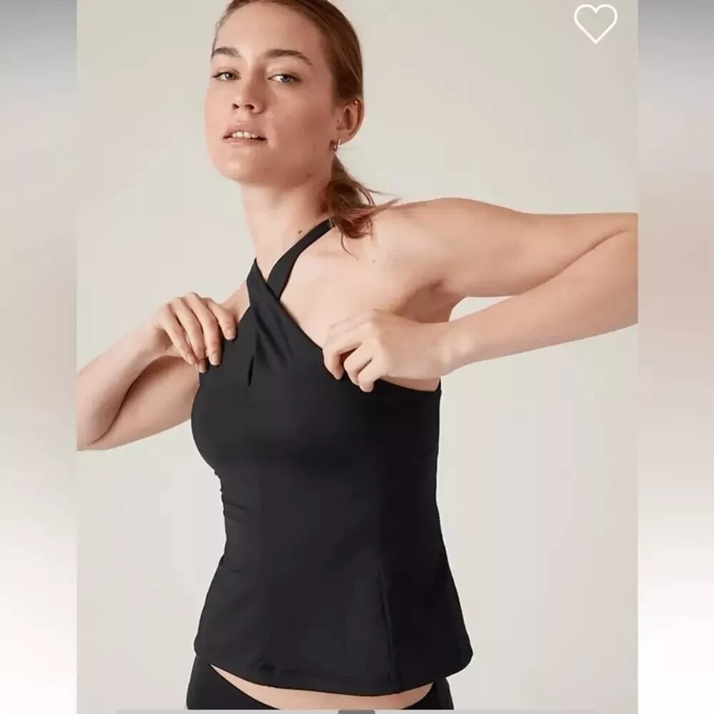 Athleta Medium Black Crossed Tankini Top Power Of She Swim Quick Dry Pads New